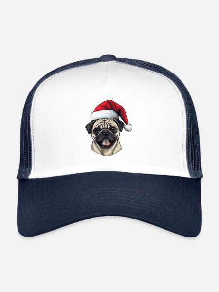 Carlin chien Carlin tête de Noël Portrait - Casquette trucker  - blanc/marine - Devant