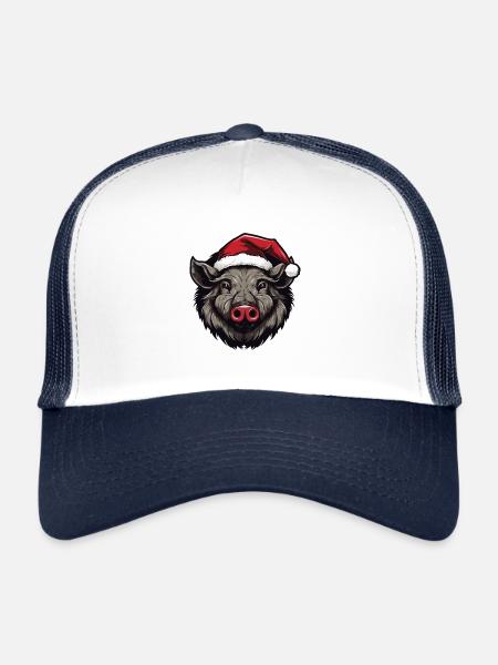 Portrait de Noël tête de sanglier - Casquette trucker  - blanc/marine - Devant