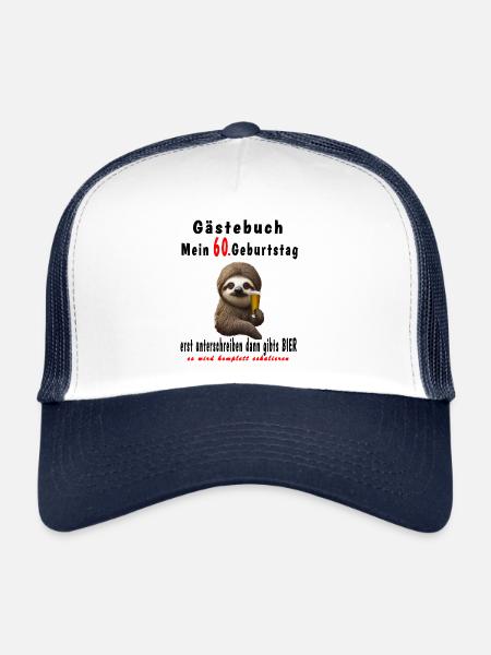 60. Geburtstag Gästebuch Faultier - Trucker Cap - Weiß/Navy - Vorne