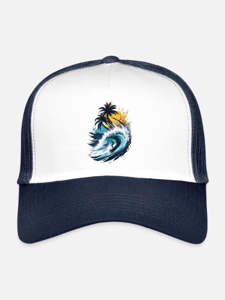 Surfers on big wave in front of palm trees at - Trucker Cap - white/navy - Front