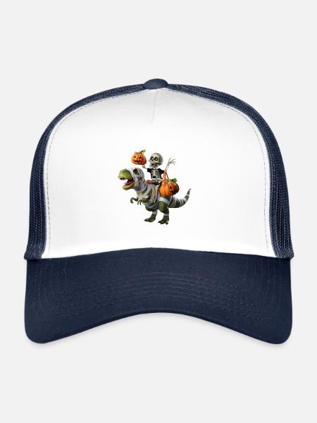 Squelette sur T-Rex avec des citrouilles - Casquette trucker  - blanc/marine - Devant