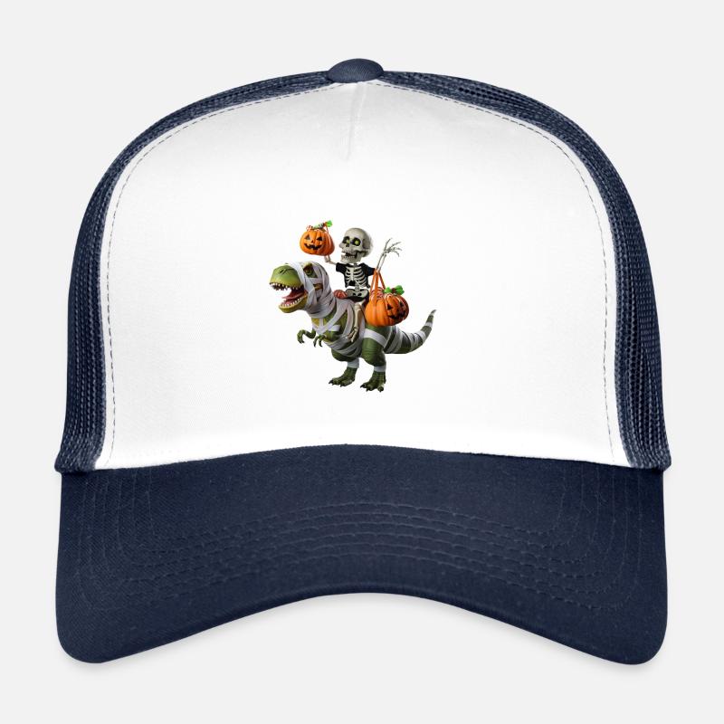 Skeleton on T-Rex with pumpkins Trucker Cap