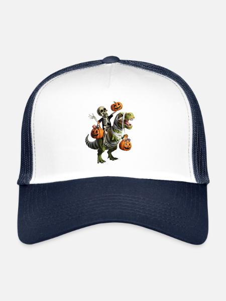 Skeleton riding dinosaur with pumpkins - Trucker Cap - white/navy - Front
