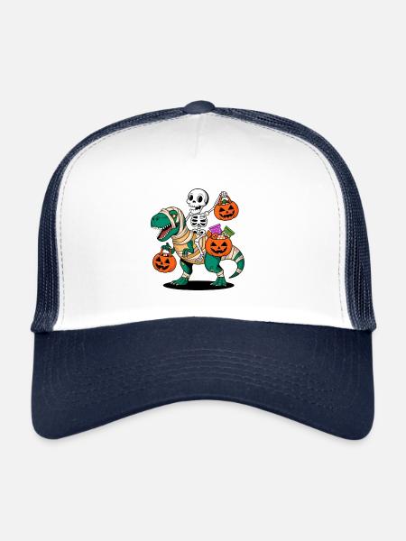 Squelette et T-Rex avec des citrouilles pour Halloween - Casquette trucker  - blanc/marine - Devant