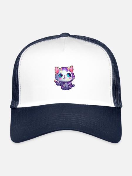 Cute cartoonish kitty floating in space - Trucker Cap - white/navy - Front