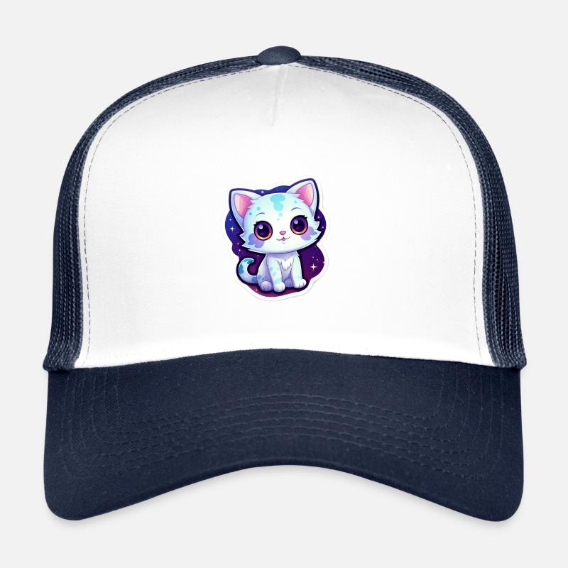 cute cartoonish kitty floating in space Trucker Cap