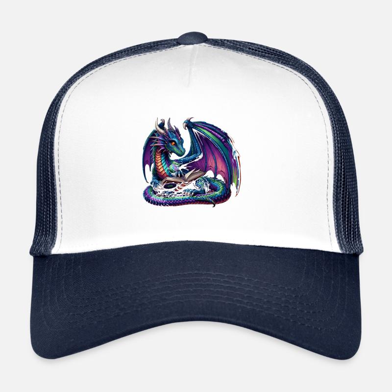 Drache Lesebuch Bücher Bücherwurm Bibliophiler - Trucker Cap - Weiß/Navy