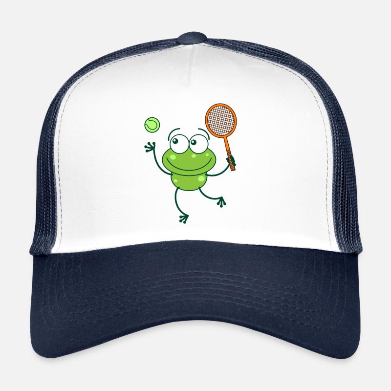 Green frog ready to serve at tennis match Trucker Cap