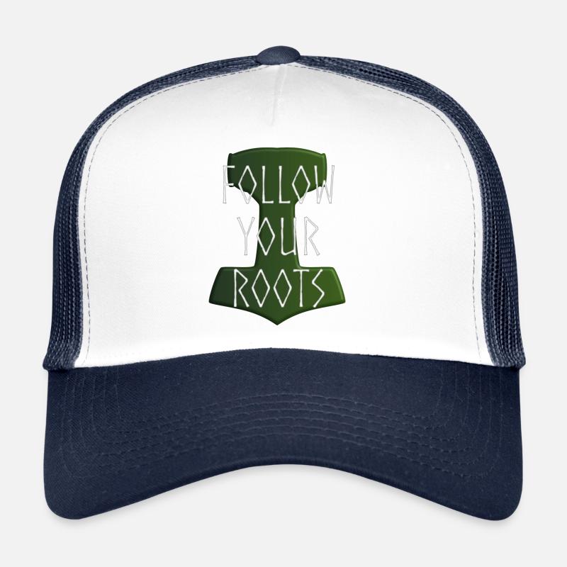 Follow your Roots - Hammer Donar Thor Mjölnir - Trucker Cap - Weiß/Navy