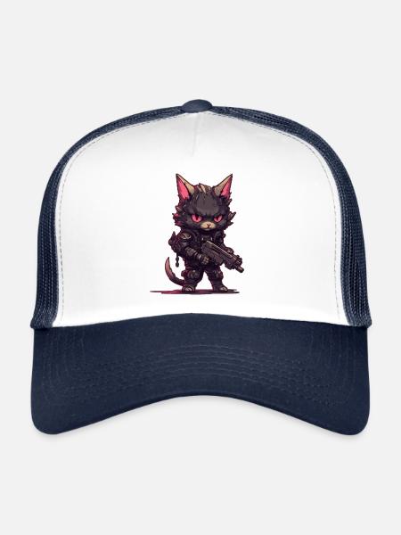Cat Biker dans le style de Post Apocalyptic - Casquette trucker  - blanc/marine - Devant