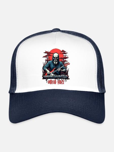 UNDEAD VIBES, Untoter Skelett mit einer Gitarre - Trucker Cap - Weiß/Navy - Vorne