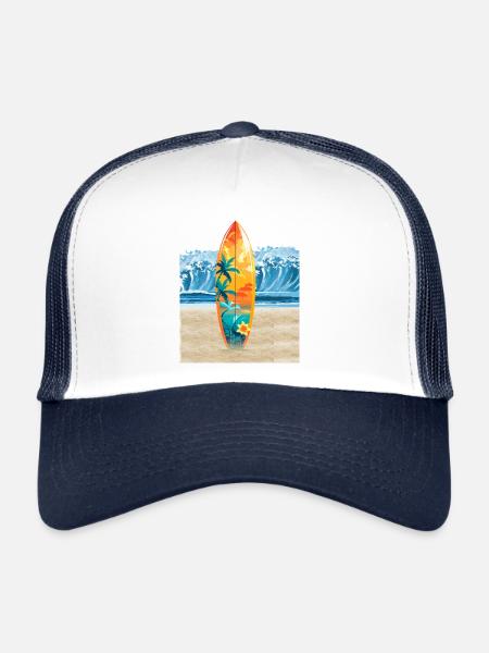 "Ride the Wave - Hawaiian Surf Vibes" - Trucker Cap - white/navy - Front