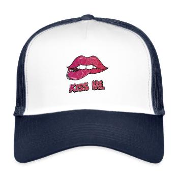 Lippen Kuss Mund Geschenk Piercing Liebe Valentin - Trucker Cap - Weiß/Navy - Vorne