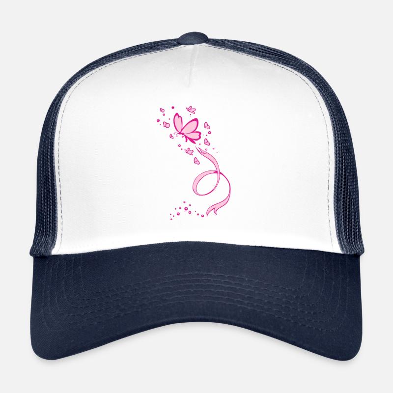 Rosa Schmetterlings-Band-Brustkrebs-Bewusstsein - Trucker Cap - Weiß/Navy