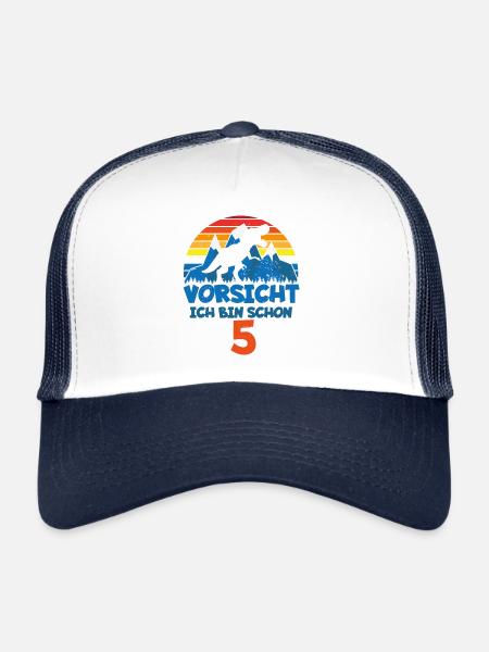 Anniversaire 5 ans Dino, T-Rex T-Shirt cinq - Casquette trucker  - blanc/marine - Devant