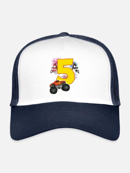 T-shirt Monster Truck, voiture, anniversaire 5 ans - Casquette trucker  - blanc/marine - Devant