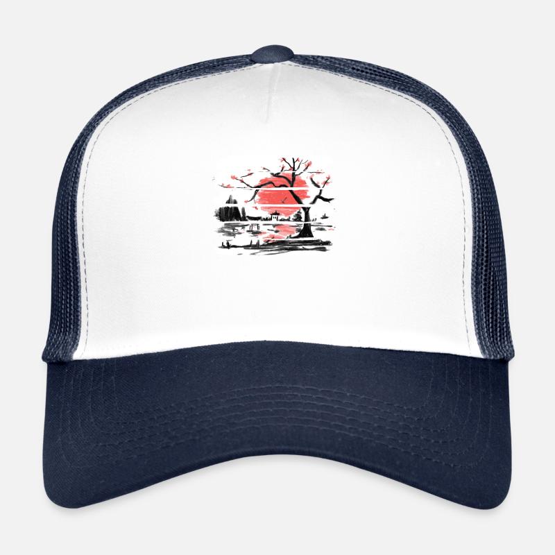 Japan Aquarell Red Sun I Weinlese-Kirschbaum - Trucker Cap - Weiß/Navy