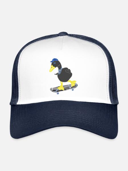 Black duck on grey blue skateboard, funny cool - Trucker Cap - white/navy - Front