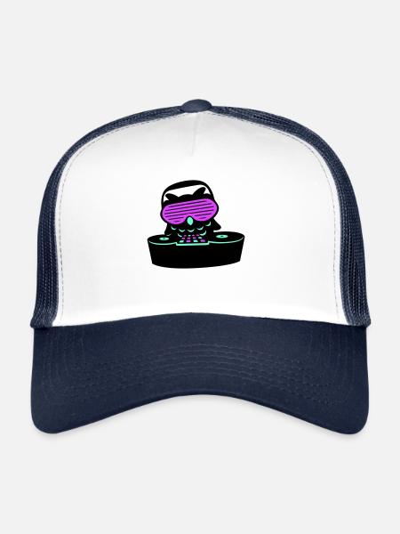 DJ hibou mixer jouer de la musique Club Disco Soirée - Casquette trucker  - blanc/marine - Devant