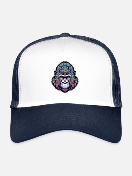 Mandala mystique Gorille - Casquette trucker  - blanc/marine - Devant