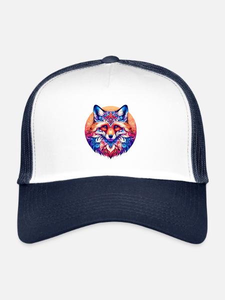 Vibrant Fox Mandala: Whimsical Floral Artwork - Trucker Cap - white/navy - Front