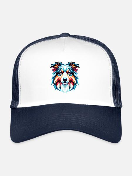 Vibrant Geometric Canine: Australian Shepherd - Trucker Cap - white/navy - Front