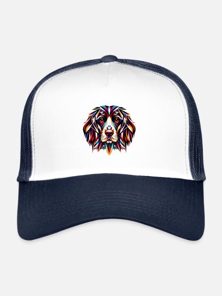 English Springer Spaniel: Geometrische Farbpracht - Trucker Cap - Weiß/Navy - Vorne