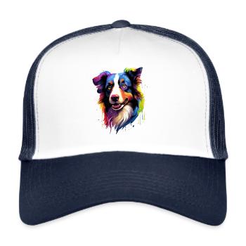 Tête de chien Border Collie colorée - Casquette trucker  - blanc/marine - Devant