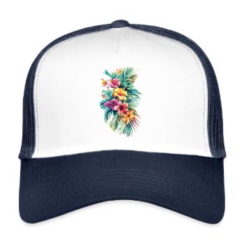 Hawaii Blumen Design - Trucker Cap - Weiß/Navy - Vorne