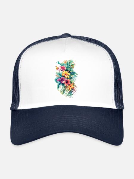 Hawaii Blumen Design - Trucker Cap - Weiß/Navy - Vorne