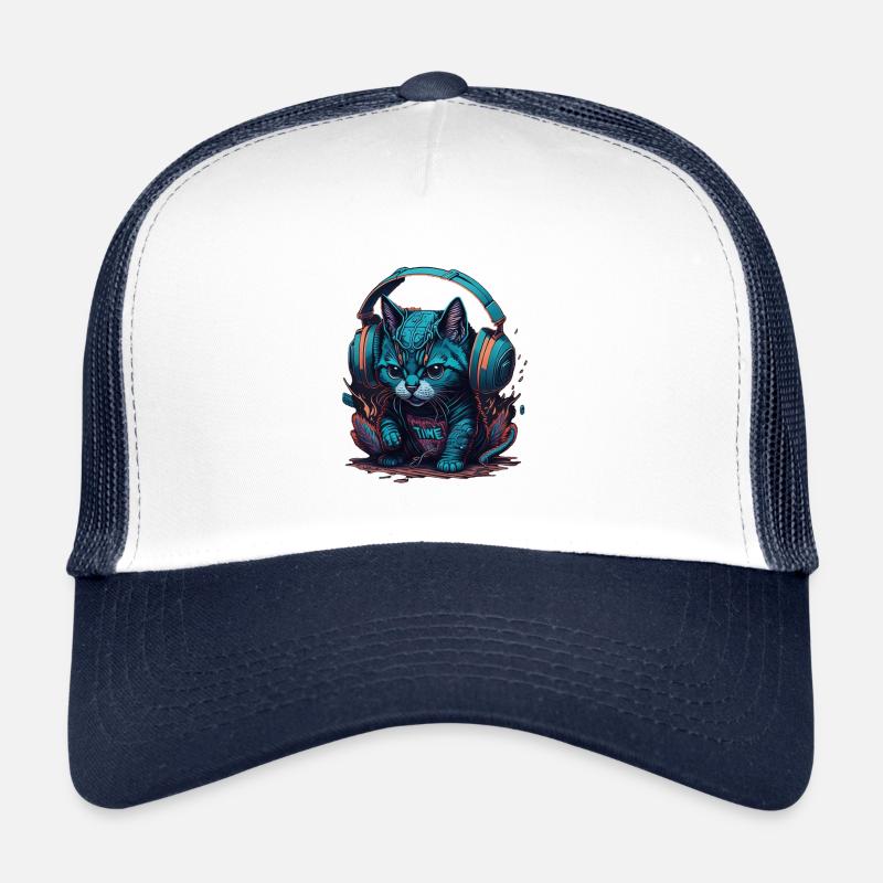 Groovy Beats: Chat coloré avec des écouteurs - Casquette trucker  - blanc/marine