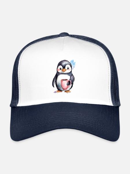 Pingouin avec style aquarelle café - Casquette trucker  - blanc/marine - Devant