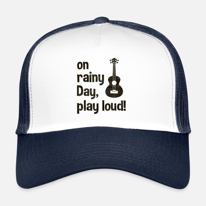 Ukulele: On rainy day, play loud! black Trucker Cap