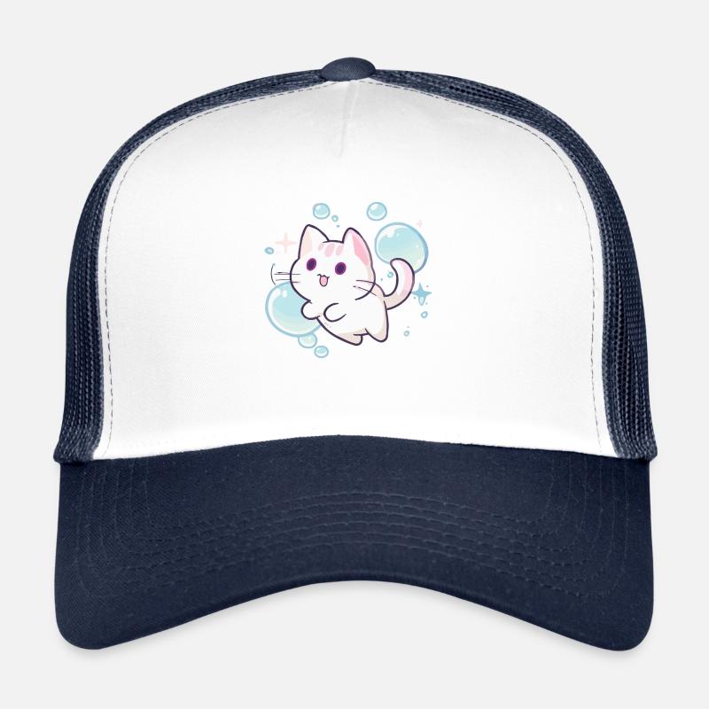 Chat mignon - design tendre et adorable - Casquette trucker  - blanc/marine