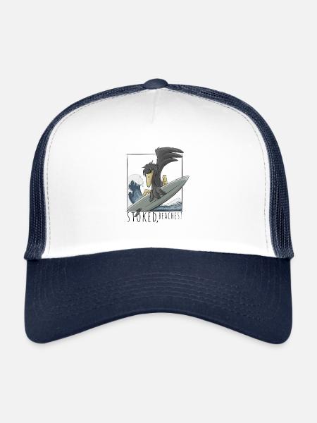 Stoked, Beaches! Surfer crow raven on wave - Trucker Cap - white/navy - Front