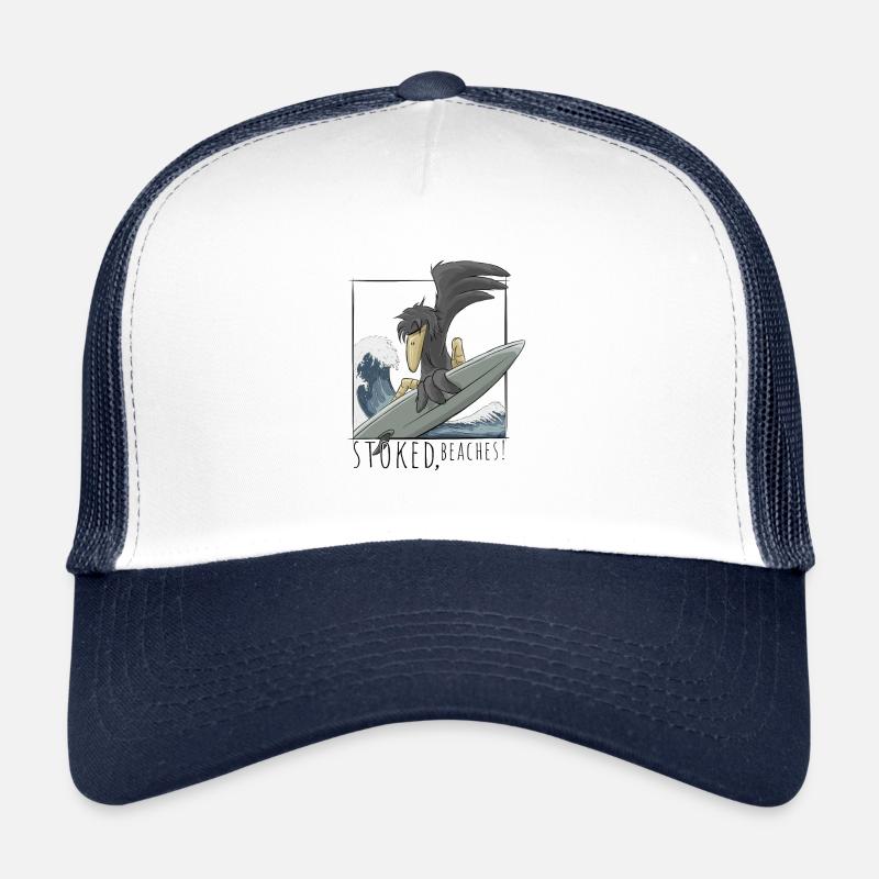 Stoked, Beaches! Surfer Krähe Rabe auf Welle - Trucker Cap - Weiß/Navy