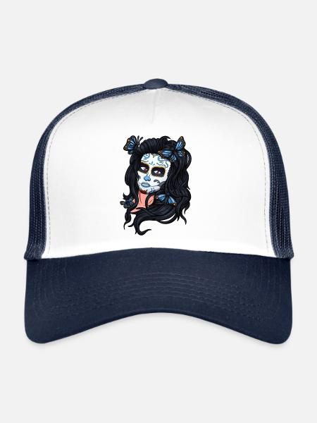 Sugar Skull Girl Face - Trucker Cap - white/navy - Front