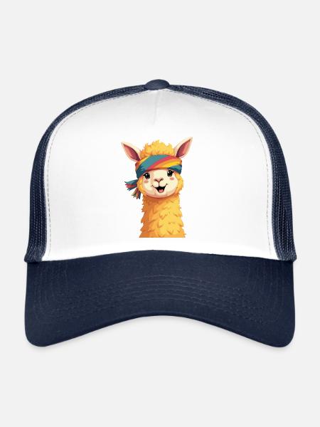 Alpaga souriant – Mignon et moelleux - Casquette trucker - blanc/marine - Devant