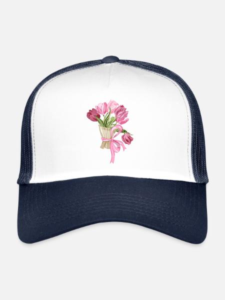 Composition florale vintage aux couleurs pastel - Casquette trucker  - blanc/marine - Devant