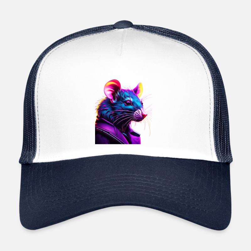 Neon Ratte im Lederjacke - Trucker Cap - Weiß/Navy