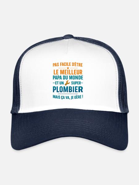 Super Papa Plombier idée cadeau fête des pères - Casquette trucker  - blanc/marine - Devant