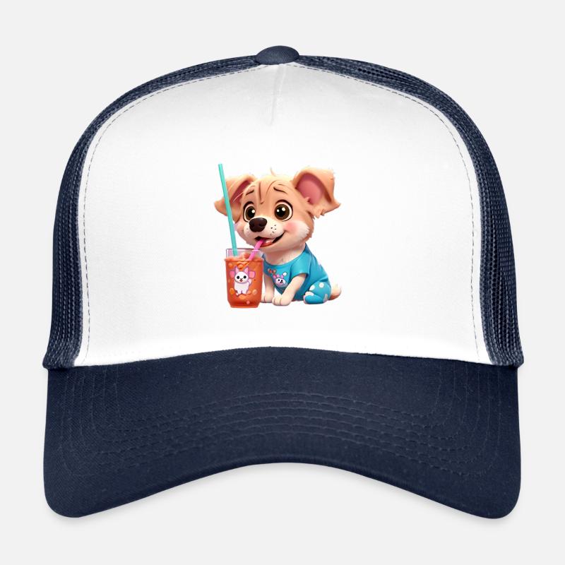 Süßer Hund, der aus dem Strohhalm trinkt. Trucker Cap