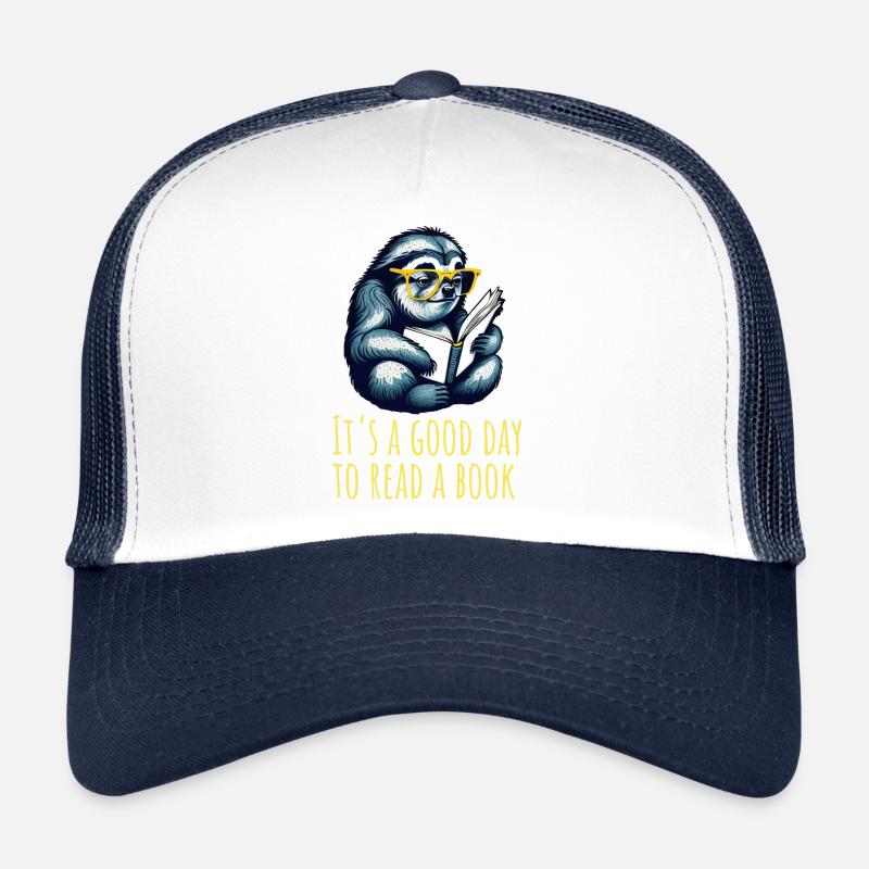 Sloth reads a book, read, books, library Trucker Cap