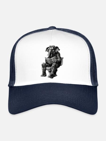 Elephant on toilet with newspaper – black and white - Trucker Cap - white/navy - Front