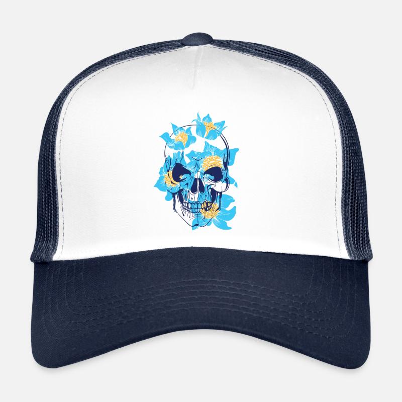 Crâne avec des fleurs bleues Casquette trucker 