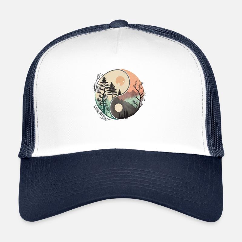 Ying Yang - Berge / Strand - Trucker Cap - Weiß/Navy