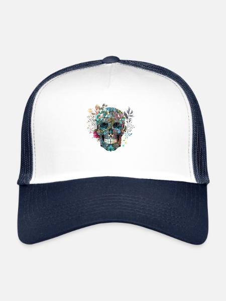 Mexican skull, flowers, skull, skull - Trucker Cap - white/navy - Front