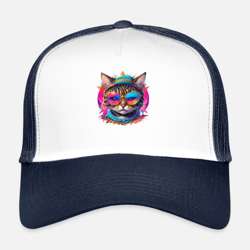 farbige coole Katze - Trucker Cap - Weiß/Navy