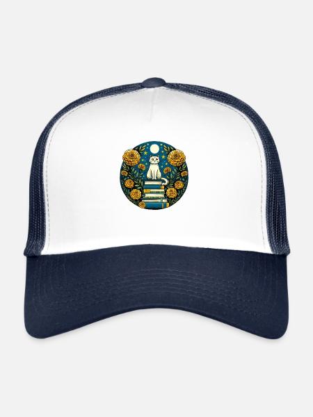 Bookish White Cat - Trucker Cap - white/navy - Front