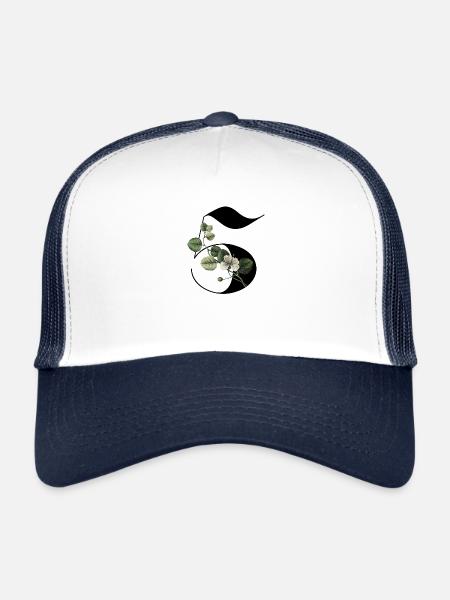 Numéro 5 floral vert -5e anniversaire floral - Casquette trucker  - blanc/marine - Devant
